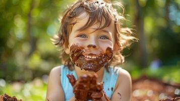 A child with chocolate-smeared hands and face enjoying a chocolate bar in a sunny park photo