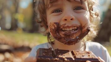 A child with chocolate-smeared hands and face enjoying a chocolate bar in a sunny park photo