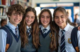 group of 4 smiling teenage students wearing uniform standing in classroom. photo