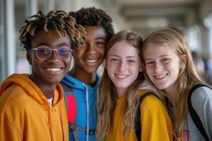 group of happy teenage students in bright clothes. photo