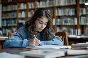 TEENAGE girl SITTING AT THE DESK in the library WRITING homework. photo