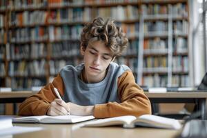 TEENAGE BOY SITTING AT THE DESK in the library WRITING homework. photo