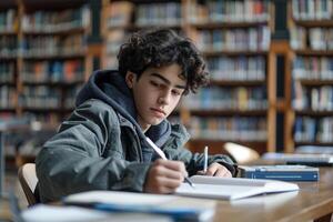 TEENAGE BOY SITTING AT THE DESK in the library WRITING homework. photo