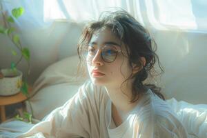 Unhappy woman thinking about problems, sitting in the bed alone looking away. photo