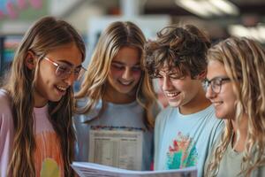 group of 4 smiling teenage students wearing bright clothes looking at the documents standing in classroom. photo
