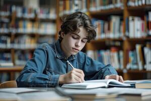 TEENAGE BOY SITTING AT THE DESK in the library WRITING homework. photo
