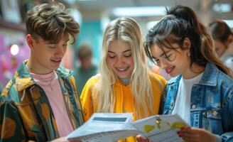 group of 3 smiling teenage students wearing bright clothes looking at the documents standing in classroom. photo