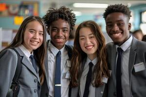 group of 4 smiling teenage students wearing uniform standing in classroom. photo