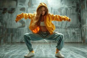 woman dancing breakdance in dancing studio. photo
