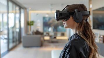 Interior decorator using VR technology to present and refine interior design concepts to clients photo