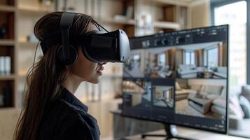 Interior decorator using VR technology to present and refine interior design concepts to clients photo