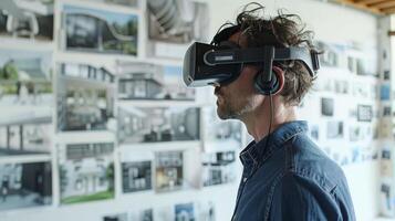 Architect using VR headset to explore and modify interior design elements of a building photo