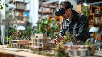 Architect using VR headset to explore and modify interior design elements of a building photo
