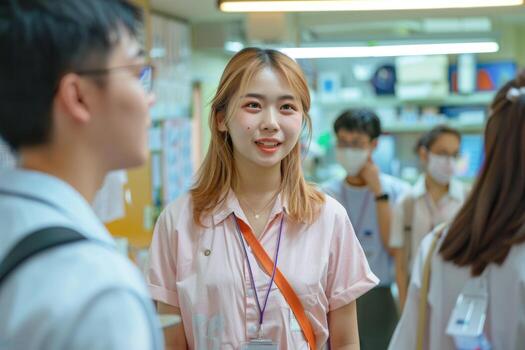 group of students discussing study standing in classroom. photo