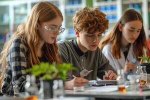 teenage boy and girl working on biology class. photo