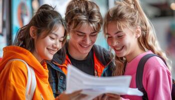 group of 3 smiling teenage students wearing bright clothes looking at the documents standing in classroom. photo