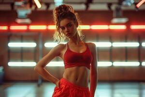 woman dancing hip hop in dancing studio. photo