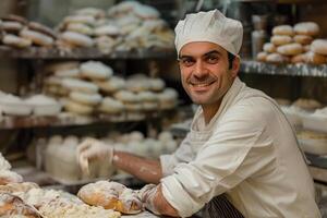 male baker working in bakery. photo
