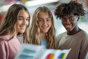 group of 3 smiling teenage students wearing bright clothes looking at the documents standing in classroom. photo
