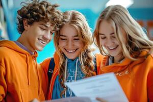 group of 3 smiling teenage students wearing bright clothes looking at the documents standing in classroom. photo