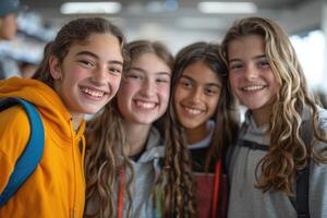 group of happy teenage students in bright clothes. photo