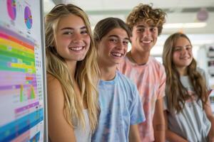group of smiling teenage students wearing bright clothes standing in classroom. photo