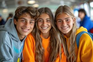 group of three happy teenage students in bright clothes. photo