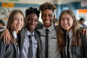 group of 4 smiling teenage students wearing uniform standing in classroom. photo
