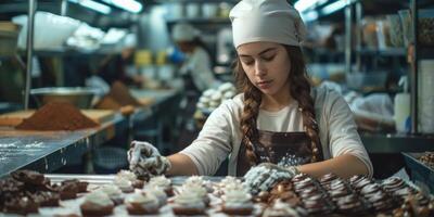 Female baker working in supermarket bakery. photo