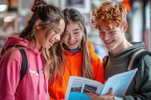group of 3 smiling teenage students wearing bright clothes looking at the documents standing in classroom. photo