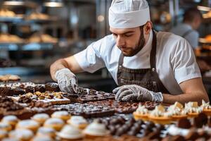 male confectioner working in supermarket . photo