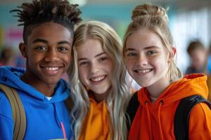 group of happy teenage students in bright clothes. photo