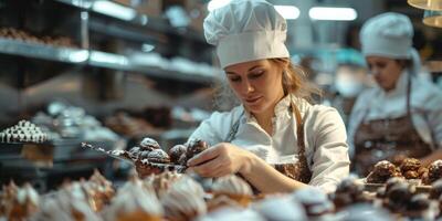 Female baker working in supermarket bakery. photo