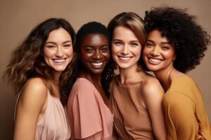 Group of multiracial females having fun against a brown background. photo
