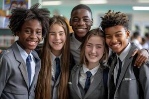 group of 4 smiling teenage students wearing uniform standing in classroom. photo