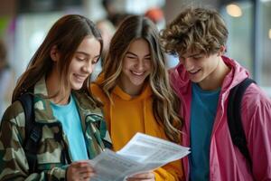 group of 3 smiling teenage students wearing bright clothes looking at the documents standing in classroom. photo
