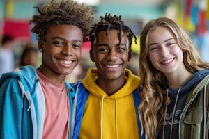 group of three happy teenage students in bright clothes. photo