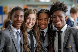 group of 4 smiling teenage students wearing uniform standing in classroom. photo