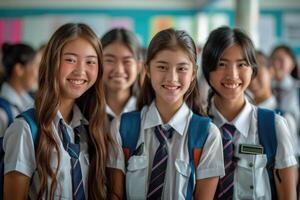 group of 4 smiling teenage students wearing uniform standing in classroom. photo
