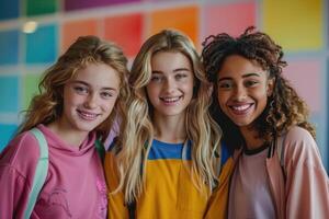group of three happy teenage students in bright clothes. photo