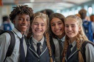 group of 4 smiling teenage students wearing uniform standing in classroom. photo