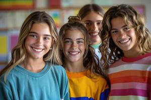 group of happy teenage students in bright clothes. photo