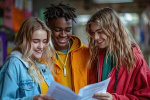 group of 3 smiling teenage students wearing bright clothes looking at the documents standing in classroom. photo