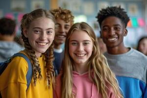 group of happy teenage students in bright clothes. photo