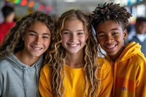 group of three happy teenage students in bright clothes. photo