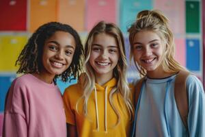 group of three happy teenage students in bright clothes. photo