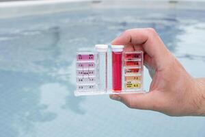 PH and chlorine analysis kit for swimming pools. Liquid chlorine and PH meter for swimming pools. photo