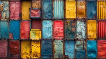 Stacked shipping containers forming a geometric pattern with varying colors and sizes photo