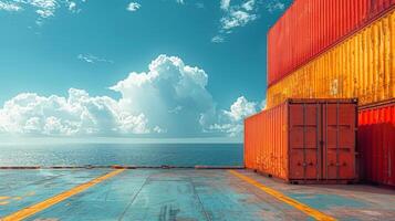 A shipping dock with containers of water being loaded onto a cargo ship, with the sea and horizon in the background photo