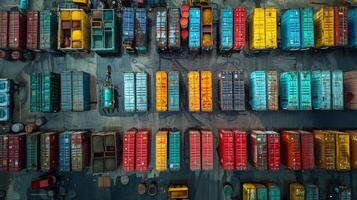 Aerial view of a shipping yard with rows of water containers arranged in an orderly fashion, ready for distribution photo